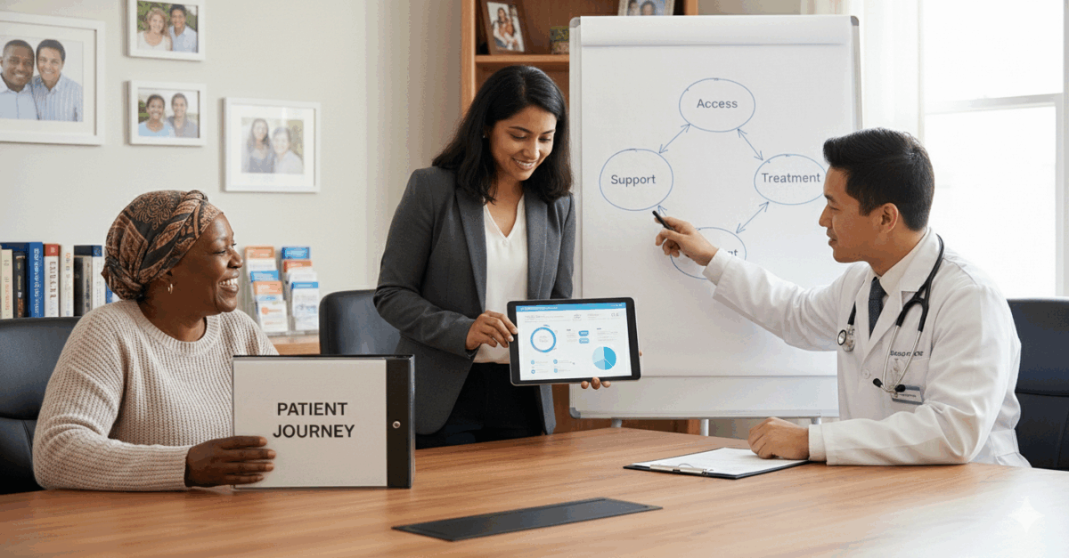 Patient with headscarf meets with oncologist and navigator; doctor points to “Access–Treatment–Support” diagram as staff show care data on a tablet.